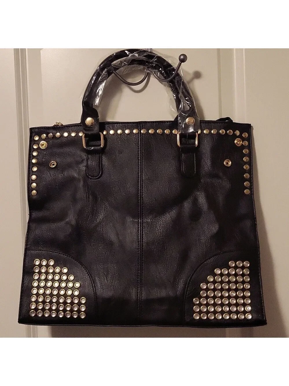 Black Vegan Leather Rivet Satchel Tote Top Handle Shoulder Bag Adjustable Strap